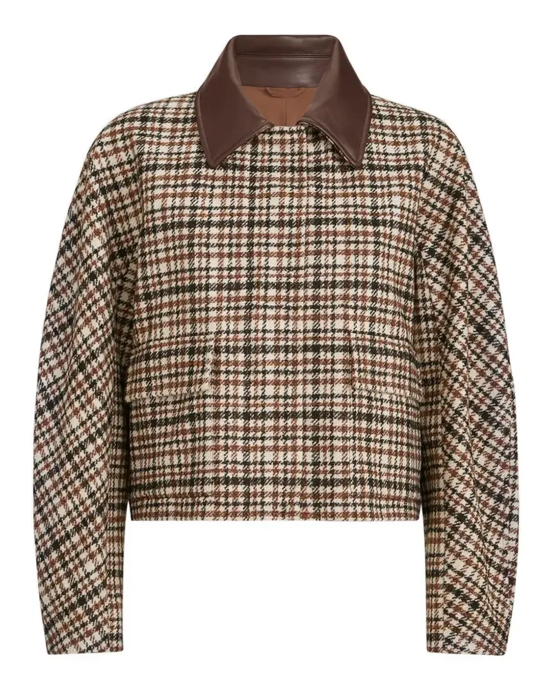 Brunello Cucinelli Bequeme Outerwear-Jacke aus karierter Wolle und Alpaka mit Lederkragen und Monili-Verzierung - Nude Nude