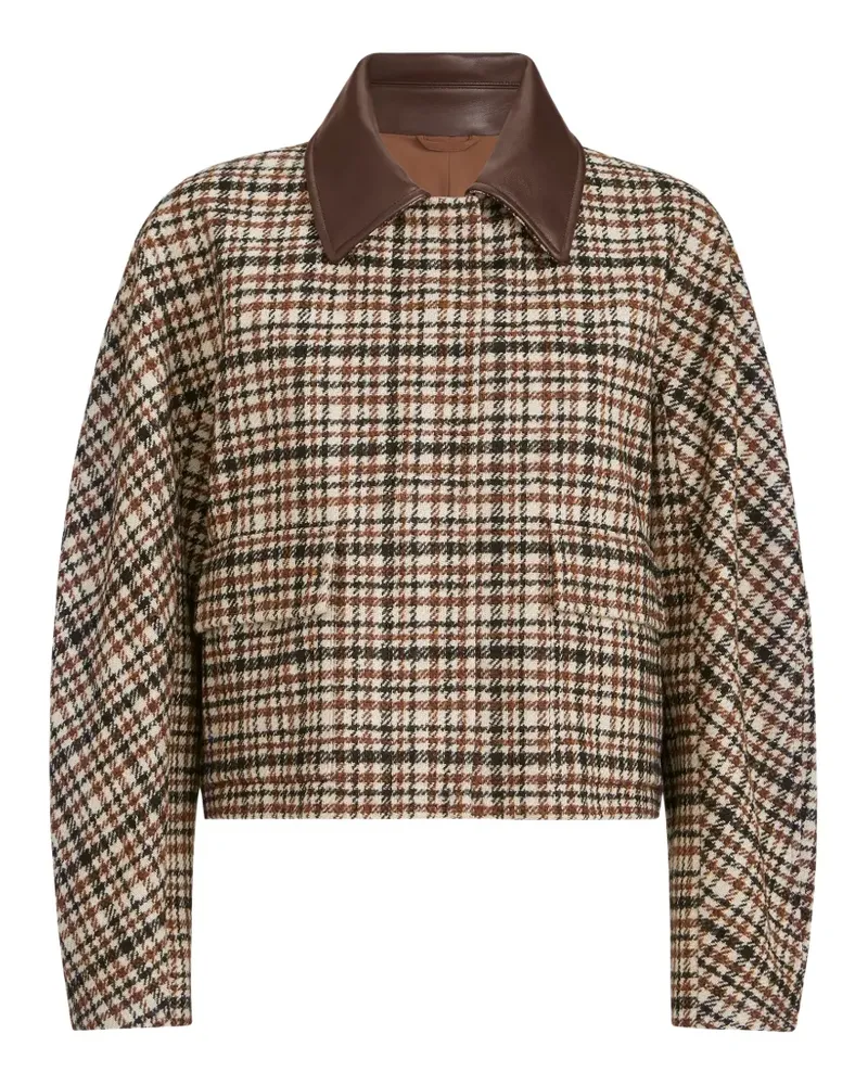 Brunello Cucinelli Bequeme Outerwear-Jacke aus karierter Wolle und Alpaka mit Lederkragen und Monili-Verzierung - Nude Nude