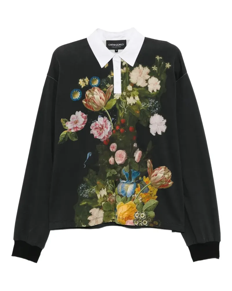 Cynthia Rowley Poloshirt mit Blumen-Print - Schwarz Schwarz