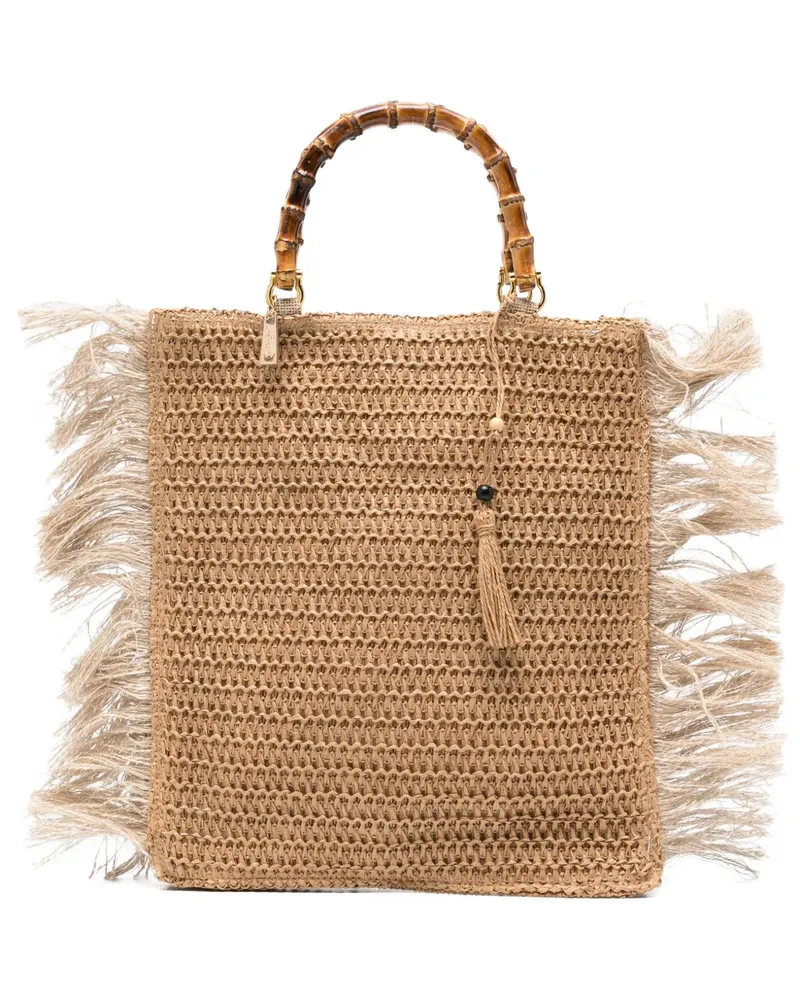 La Milanesa Zahra fringed bamboo-handle tote bag - Nude Nude