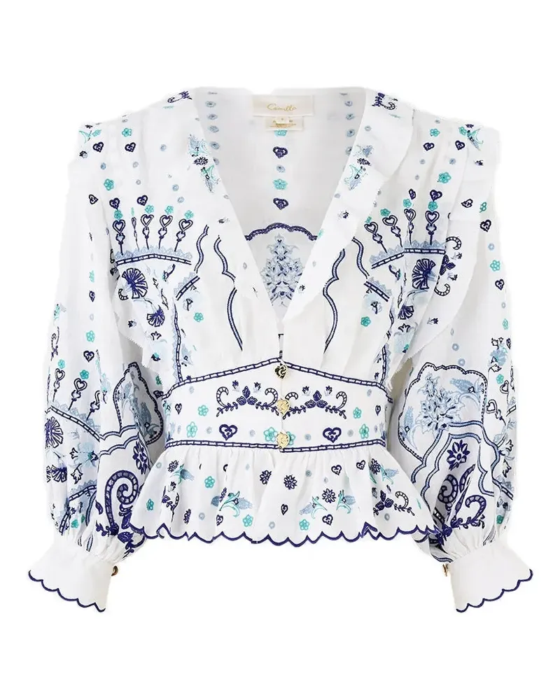 Camilla ruffled V-neck blouse - Weiß Weiß