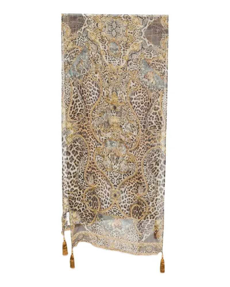 Camilla Schal mit Leopardenprint und Quasten - Braun Braun