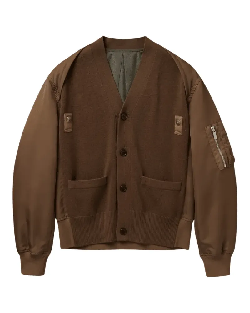 Sacai panelled V-neck bomber jacket - Braun Braun