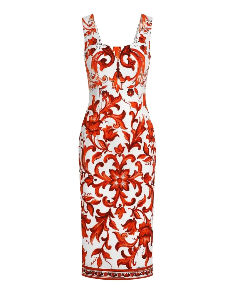 Dolce & Gabbana Langes Charmeuse Kleid mit Majolica-Print - Weiß Weiß