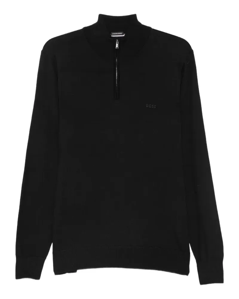 HUGO BOSS Bestickter Pullover mit Viertelreißverschluss - Schwarz Schwarz