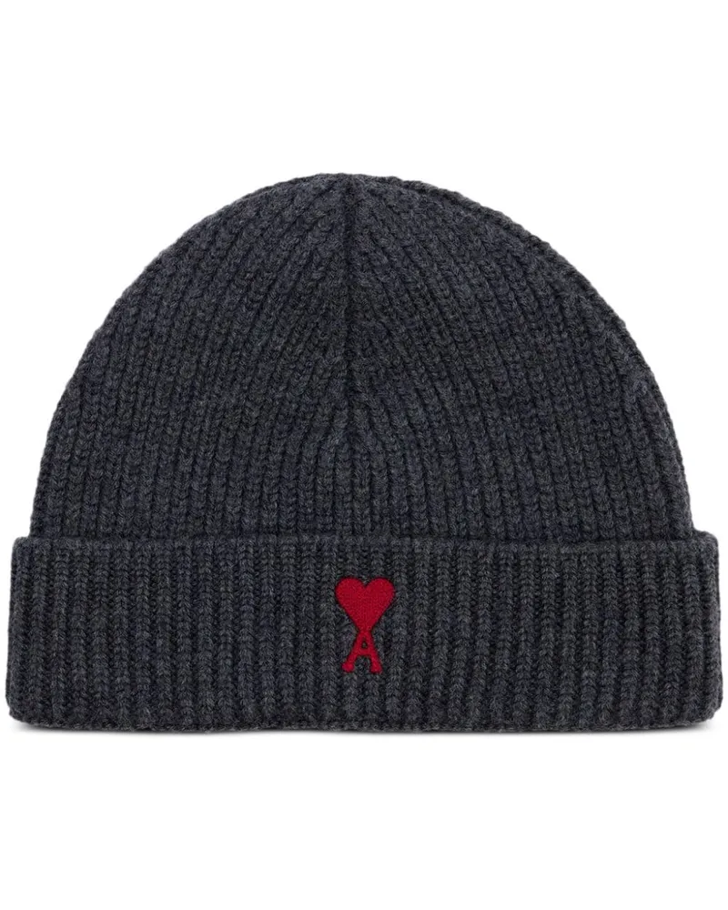 AMI Paris Gerippte Beanie mit Logo-Stickerei - Grau Grau