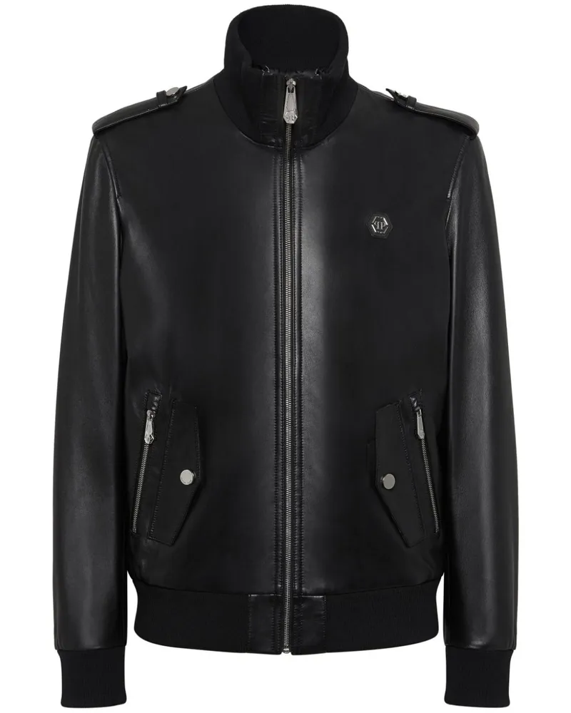 Philipp Plein Lederjacke mit Logo-Applikation - Schwarz Schwarz