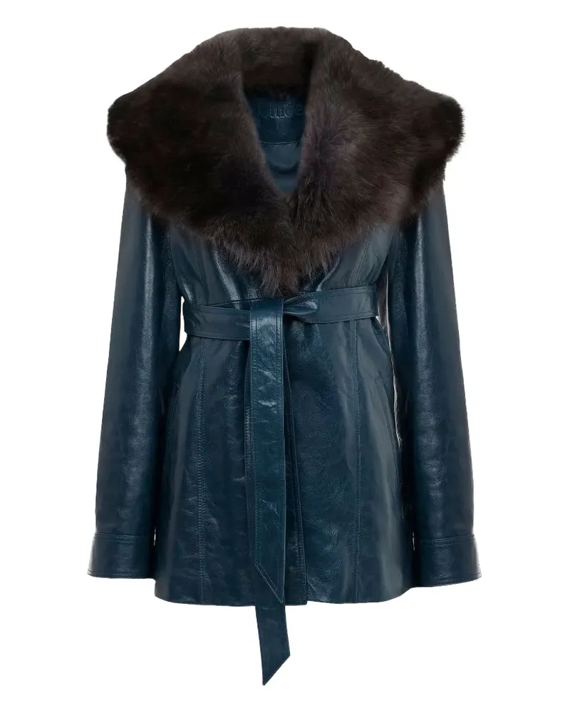 Chloé fur-trimmed belted leather coat - 43D BLUE 43d