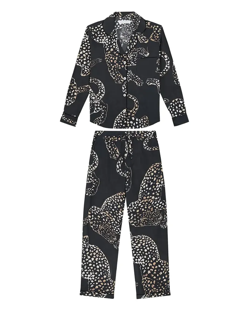 Desmond & Dempsey Langer Jag Pyjama mit Print - Schwarz Schwarz