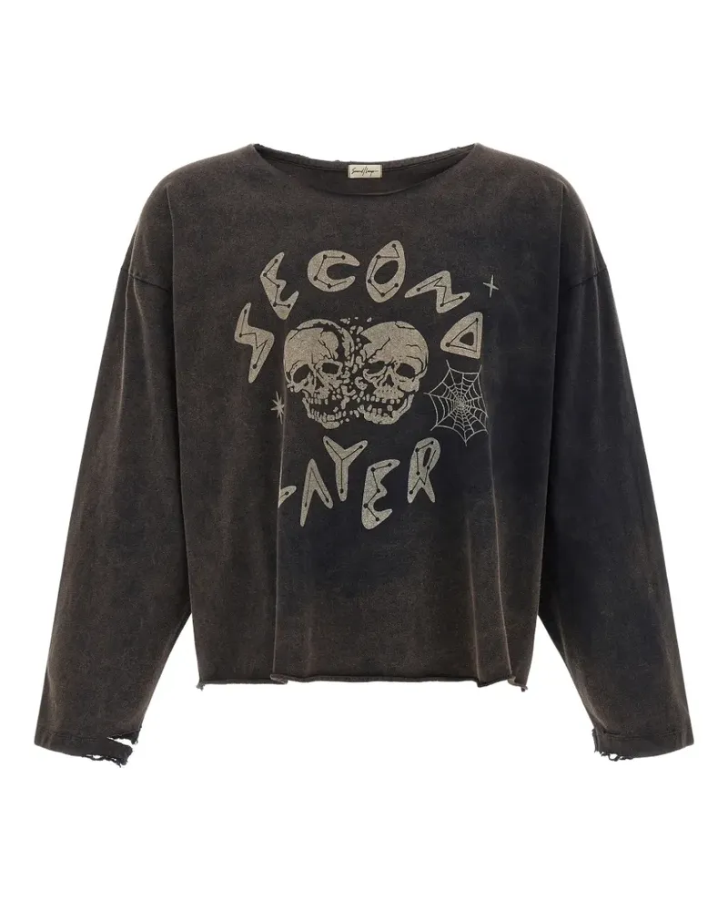 Second/Layer Langarmshirt mit Totenkopf-Print - Schwarz Schwarz