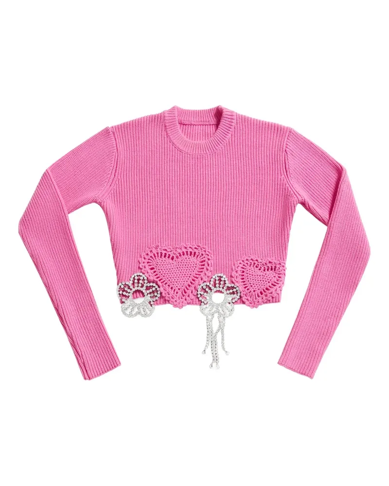 Area Kristallverzierter Pullover mit Häkelblume - Rosa Rosa