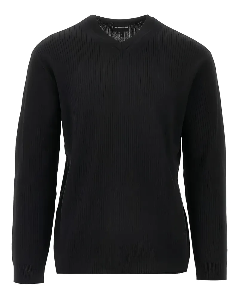 Emporio Armani Gerippter Pullover mit V-Ausschnitt - Schwarz Schwarz