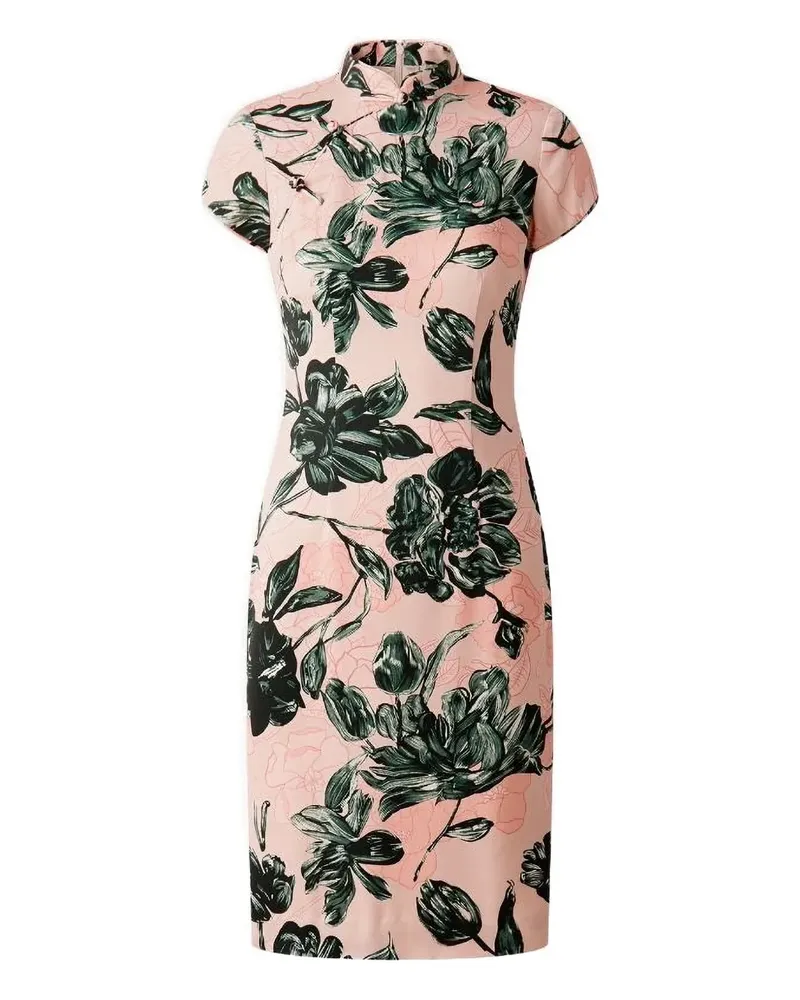 Shanghai Tang Stehkragen-Midikleid mit Rosen-Print - Rosa Rosa