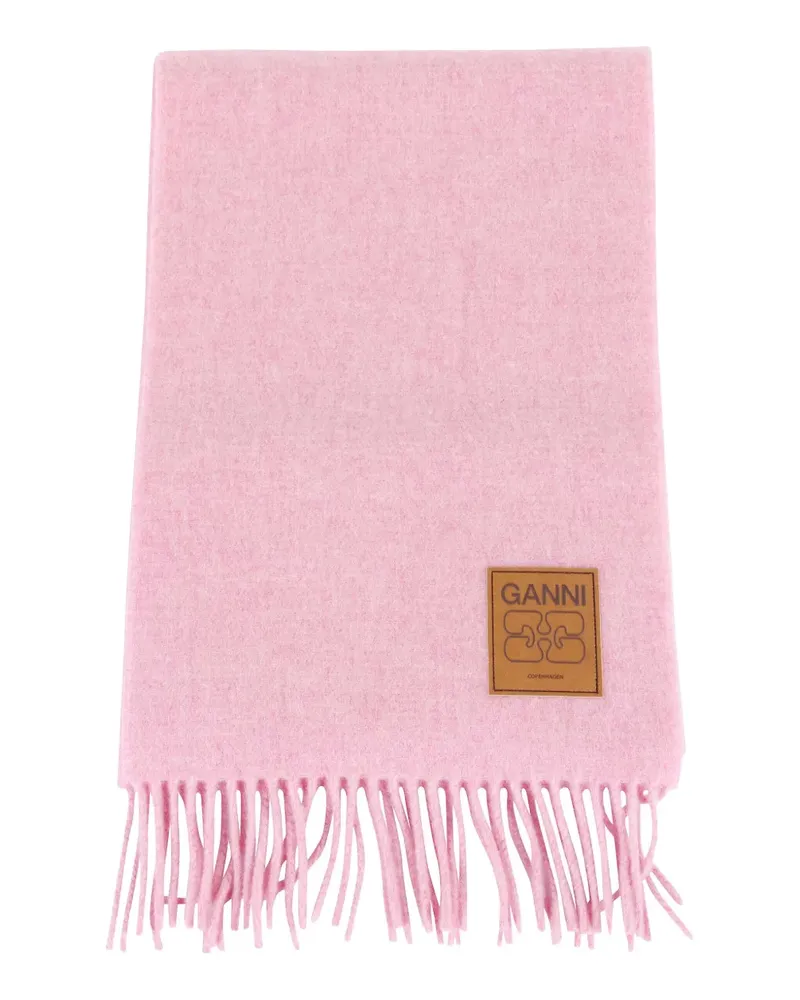 Ganni logo-patch fringed scarf - Rosa Rosa