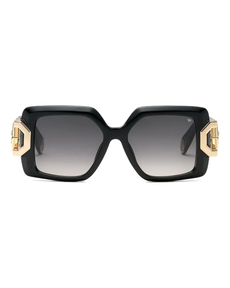 Philipp Plein Eckige Sonnenbrille mit Logo - Schwarz Schwarz