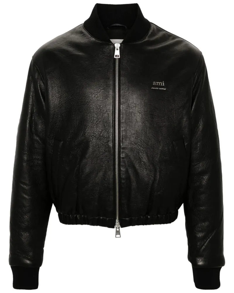 AMI Paris Lederjacke mit Logo-Schild - Schwarz Schwarz