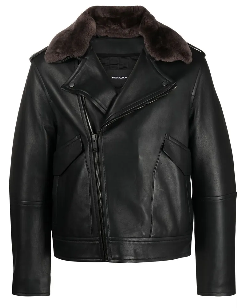 Yves Salomon Bikerjacke mit Pelzkragen - Schwarz Schwarz