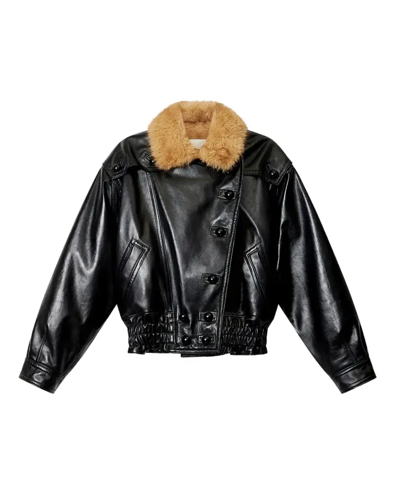 Isabel Marant Valina glossy leather jacket, shearling collar - Schwarz Schwarz