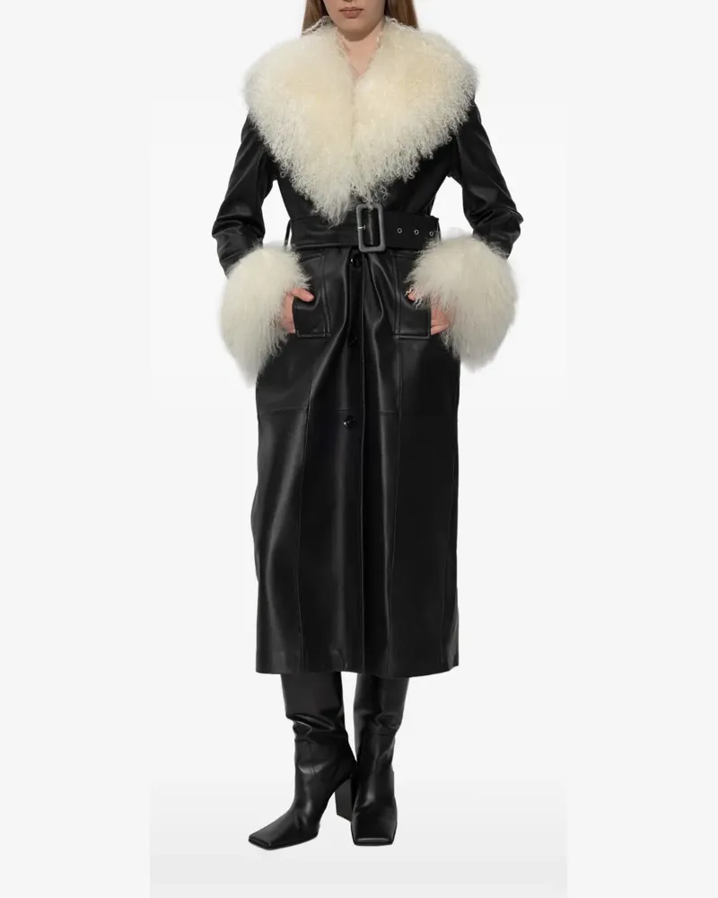 STAND Monica fur-trim belted coat - Schwarz Schwarz
