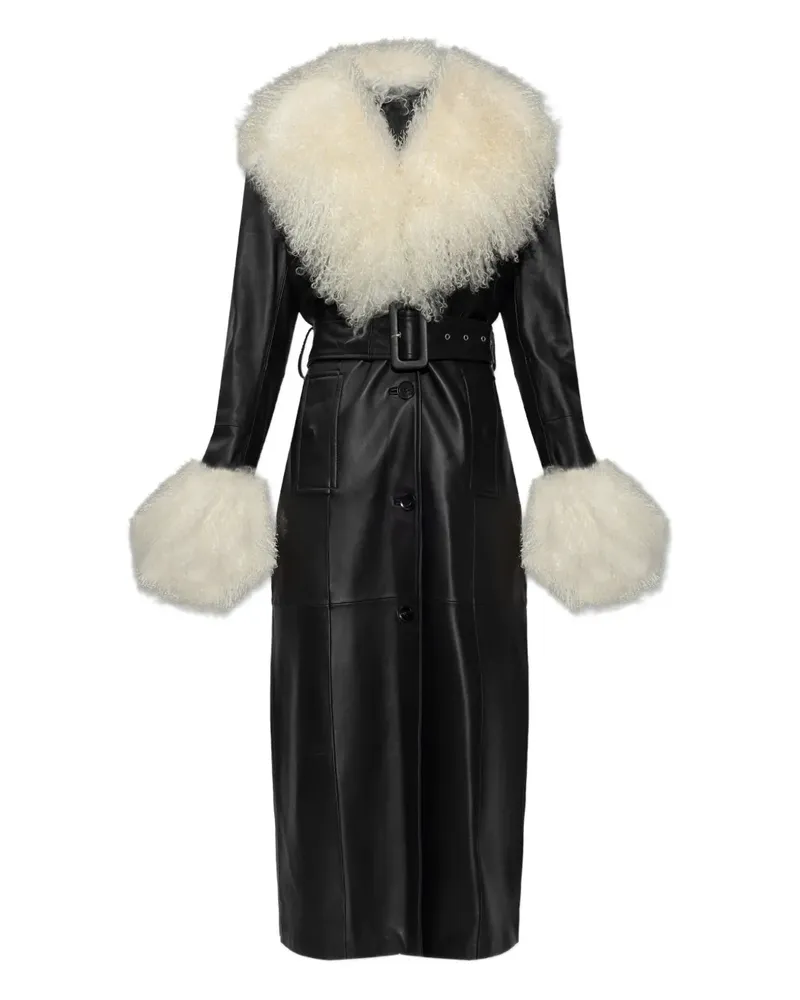 STAND Monica fur-trim belted coat - Schwarz Schwarz