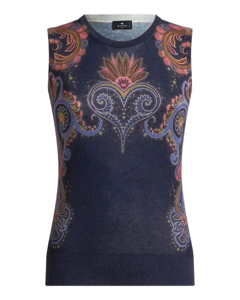 Etro sleeveless silk and cashmere top with placed Paisley print - Blau Blau