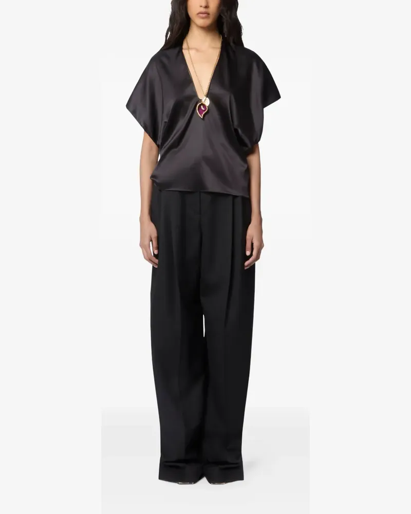 Nina Ricci Top aus Satin-Seidengemisch mit V-Ausschnitt - Schwarz Schwarz
