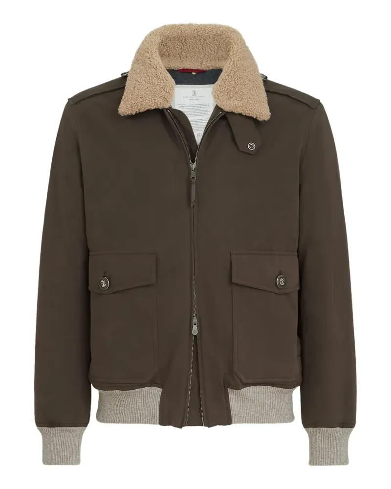 Brunello Cucinelli waxed techno cotton bomber jacket with Thermore® padding and detachable shearling collar - Grau Grau