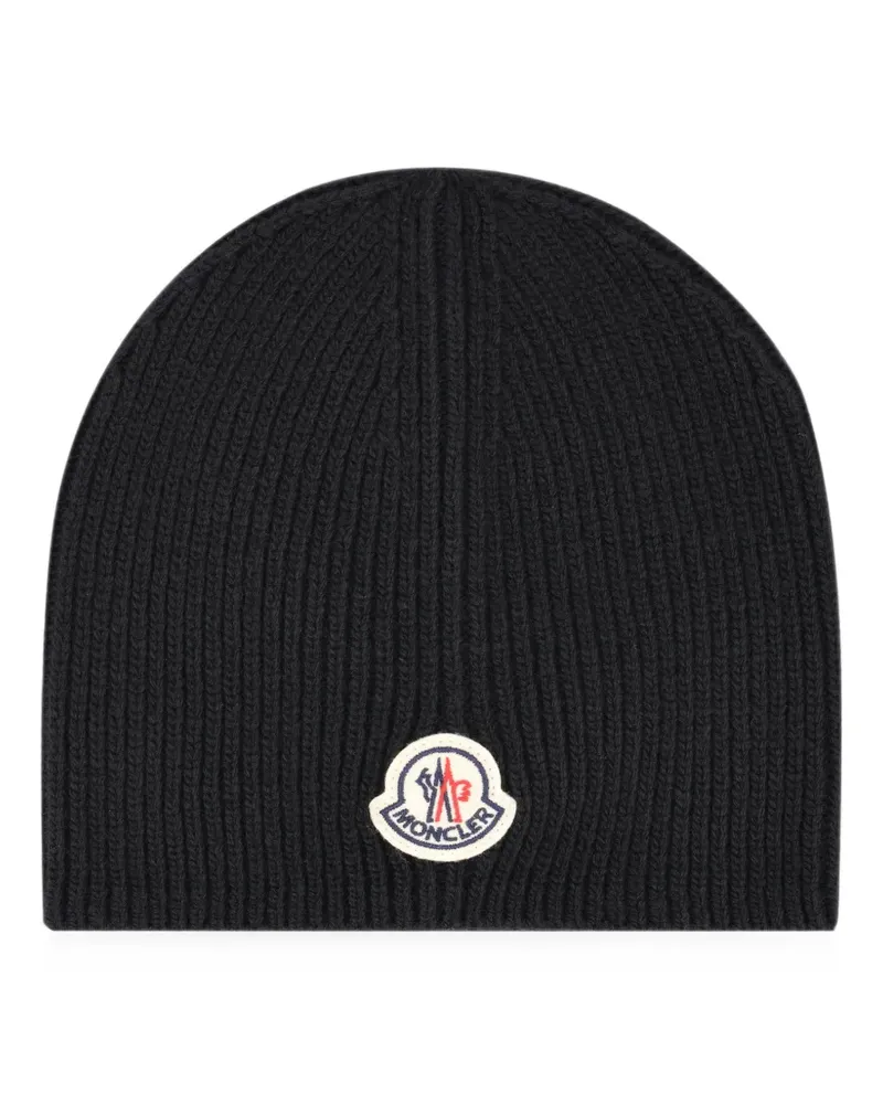 Moncler Gerippte Beanie mit Logo-Patch - Schwarz Schwarz