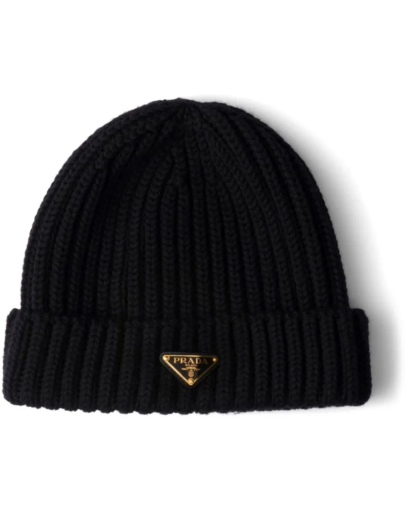 Prada Gerippte Beanie mit Triangel-Logo - Schwarz Schwarz