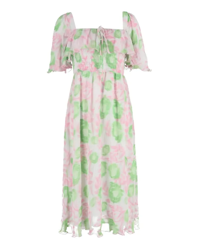 Ganni Gerafftes Midikleid mit Blumen-Print - Weiß Weiß