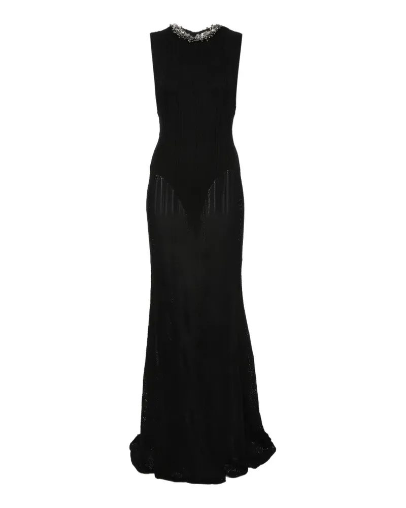 Self-Portrait Kristallverziertes Maxikleid aus Rippstrick - Schwarz Schwarz