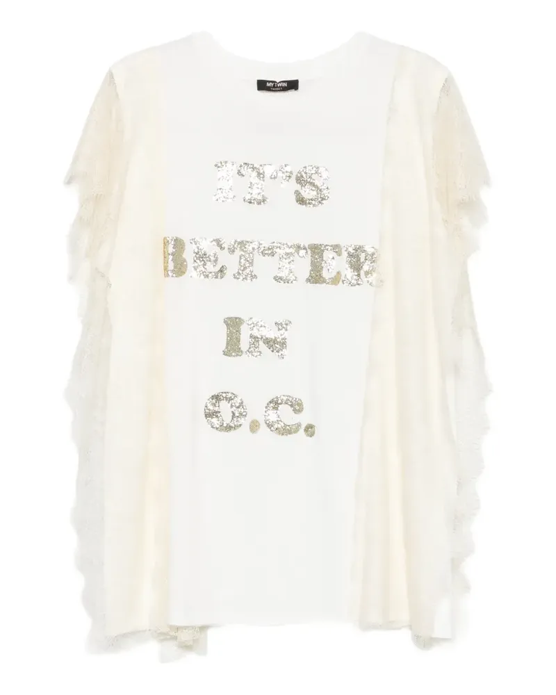 Twin-Set lace-trim sequin-logo cotton T-shirt - Weiß Weiß