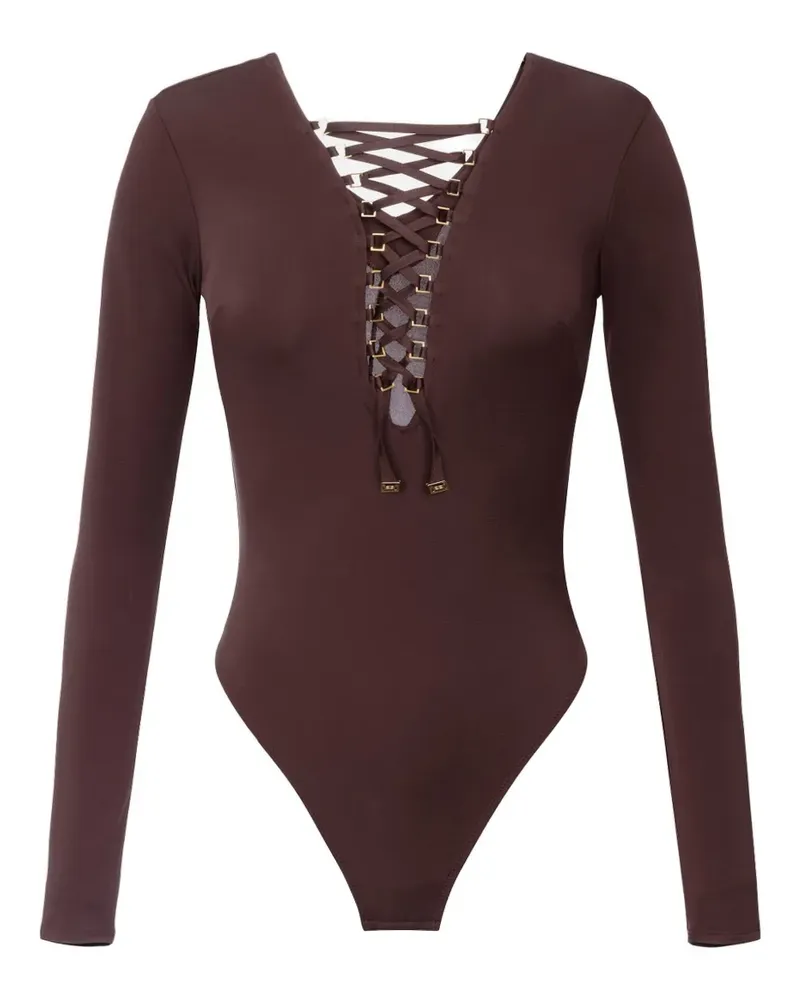 Elisabetta Franchi lace-up long-sleeve bodysuit - Braun Braun