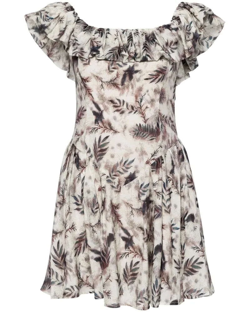 b+ab Schulterfreies Minikleid mit Blätter-Print - Weiß Weiß
