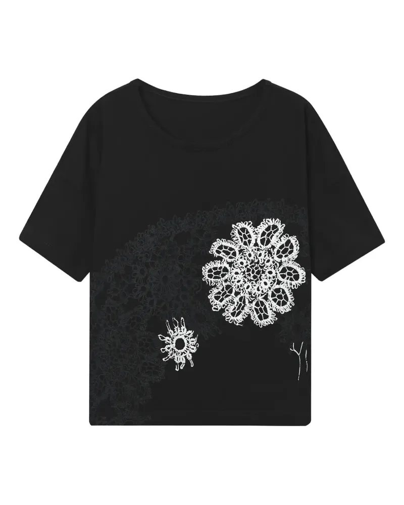 Yohji Yamamoto T-Shirt mit Häkelblume - Schwarz Schwarz