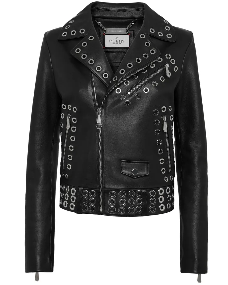 Philipp Plein Leder-Bikerjacke mit Ösen - Schwarz Schwarz