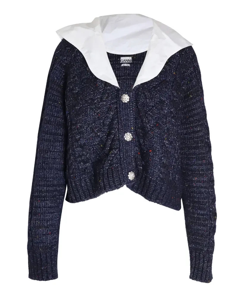 Ganni cable-knit poplin-collar cardigan - Blau Blau
