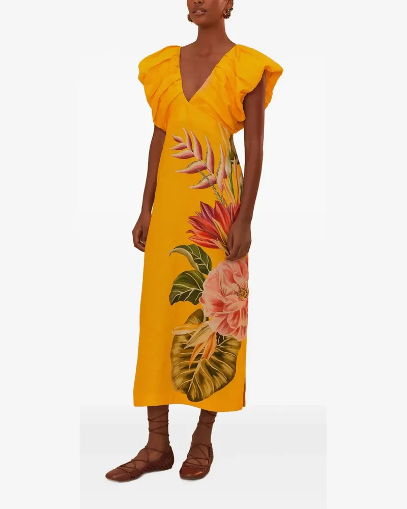 FARM Rio Midikleid mit Blumen-Print - Orange Orange