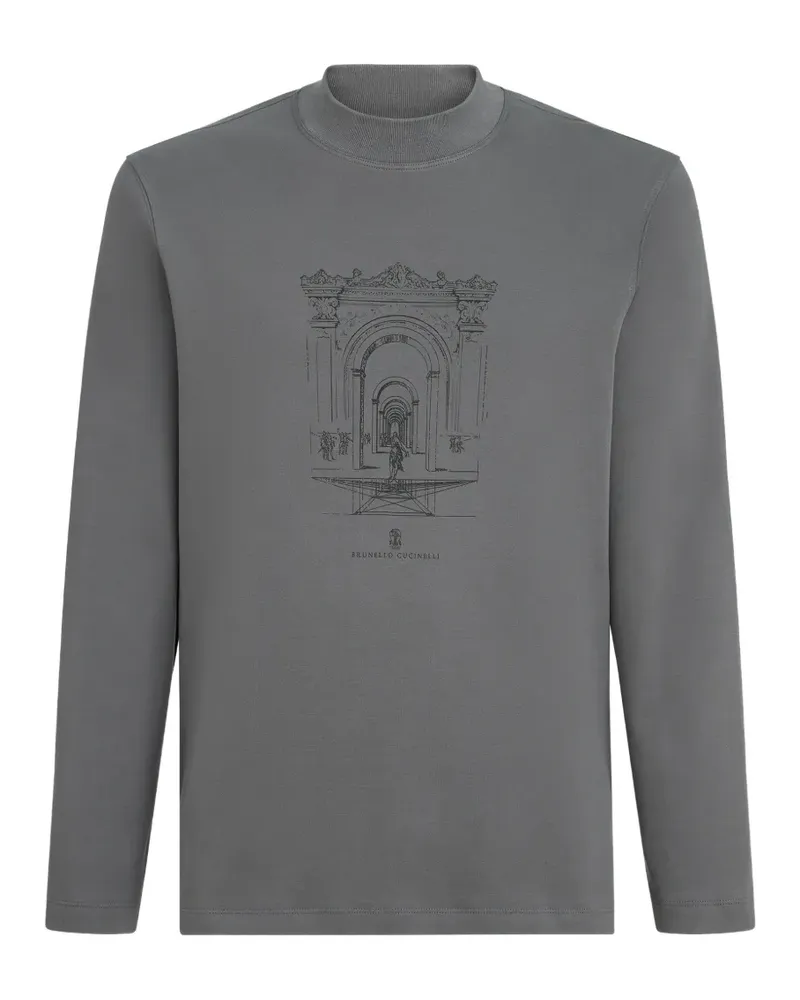 Brunello Cucinelli Langarm-T-Shirt aus Baumwoll-Interlock mit Stehkragen und Print - Grau Grau