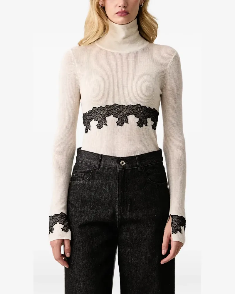 Patrizia Pepe Gerippter Rollkragenpullover mit Spitzenbesatz - Nude Nude