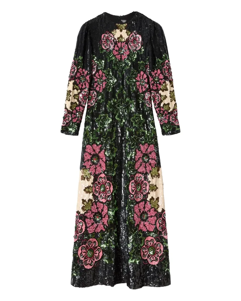 La DoubleJ Blumenmuster-Maxikleid mit Paillettenstickerei - Schwarz Schwarz