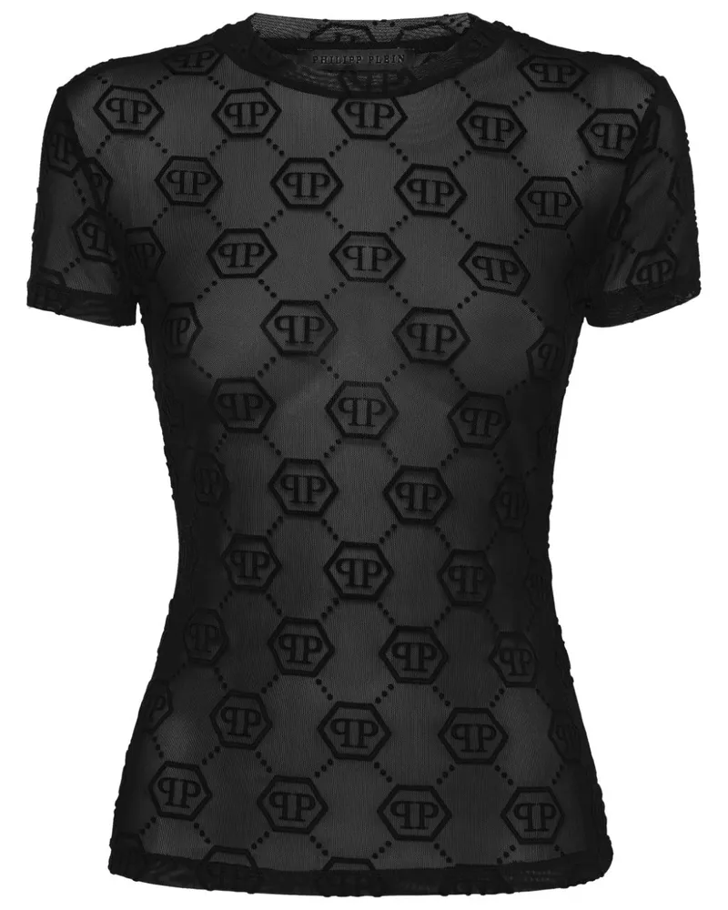 Philipp Plein T-Shirt aus Tüll mit Monogramm - Schwarz Schwarz