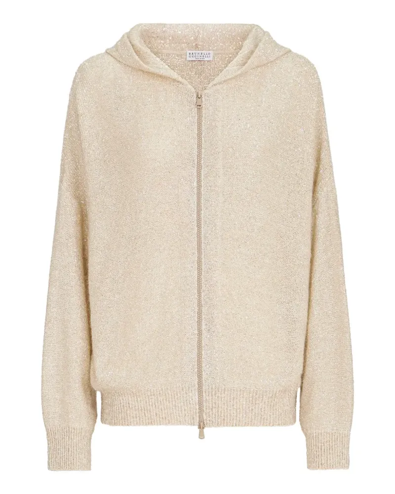 Brunello Cucinelli Cardigan aus Mohair und Wolle mit Kapuze, funkelnder Struktur und Reißverschluss - Nude Nude