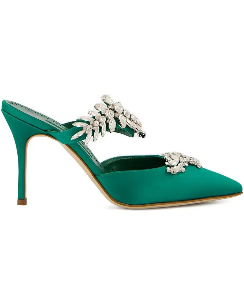 Manolo Blahnik Satin-Mules mit Kristallen 90mm - Grün Grün