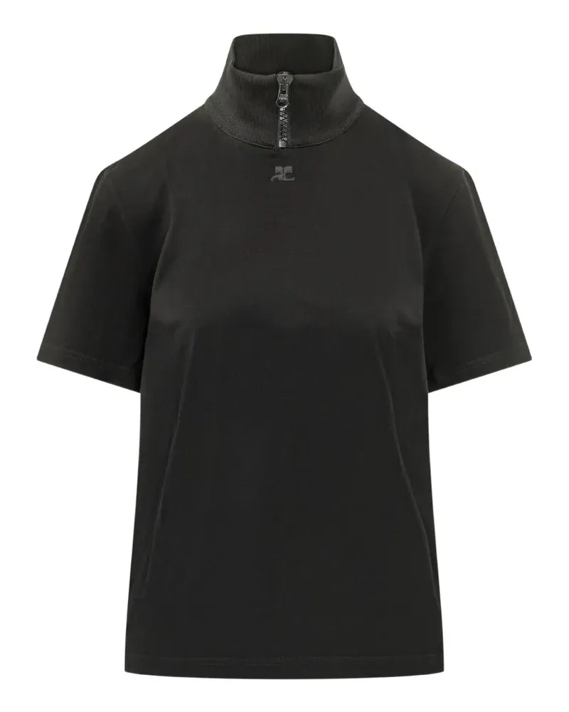 Courrèges ribbed-collar zip-up T-shirt - Schwarz Schwarz