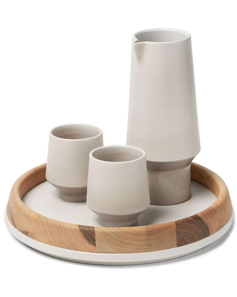 Brunello Cucinelli Keramiktasse mit Holztablett (3er-Set Weiß