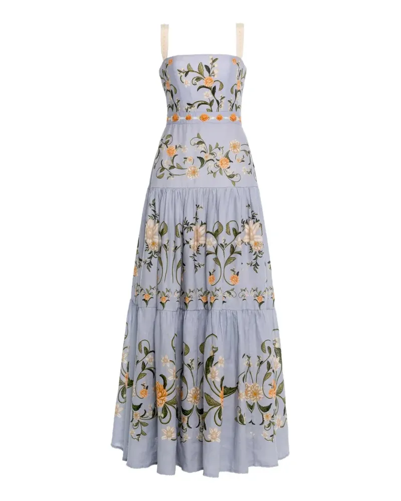 AGUA BENDITA Lima embroidered linen maxi dress - Blau Blau