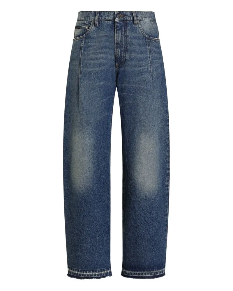 Dolce & Gabbana Ausgefranste Wide-Leg-Jeans mit Logo - Blau Blau