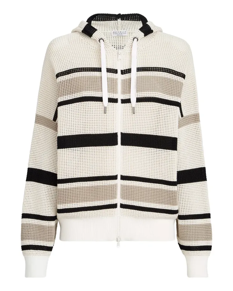 Brunello Cucinelli striped cotton net hooded cardigan with zipper - Weiß Weiß