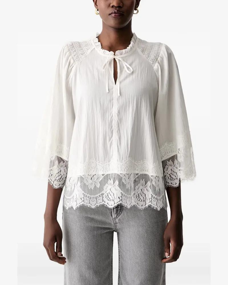 Mos Mosh Gesmokte Meisa Bluse mit Spitzenbesatz - Weiß Weiß
